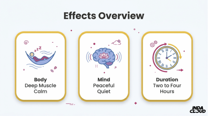 Aurora Indica Strain: Review, Effects &Amp; Origins 8 Aurora Indica Effects Overview Chart Showing Deep Muscle Calm For Body, Peaceful Quiet Mind Effects, And Two To Four Hour Duration