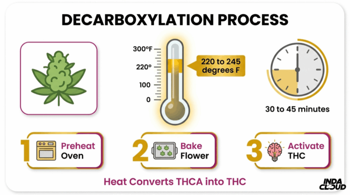 How To Make Edibles: Easy Cannabis Edibles Recipe 6 Cannabis Decarboxylation Process Infographic Showing Oven Preheat, Baking Flower At 220 To 245 Degrees Fahrenheit For 30 To 45 Minutes, And Activating Thc