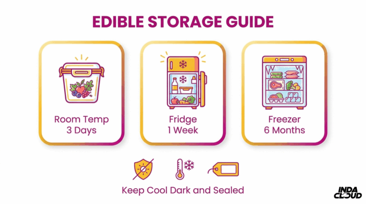 How To Make Edibles: Easy Cannabis Edibles Recipe 10 Edible Storage Guide Showing Room Temperature Storage For 3 Days, Fridge Storage For 1 Week, And Freezer Storage For 6 Months While Keeping Products Cool Dark And Sealed