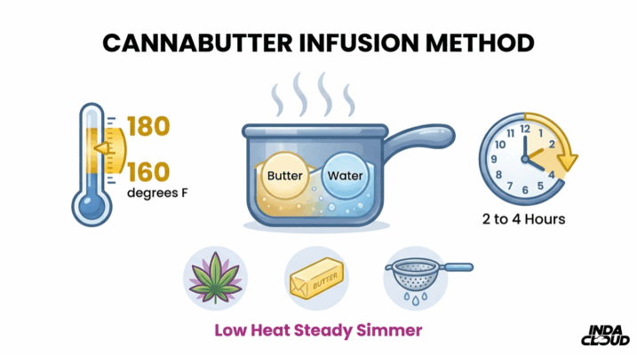 How To Make Edibles: Easy Cannabis Edibles Recipe 7 Cannabutter Infusion Method Chart Showing Butter And Water Simmered At 160 To 180 Degrees Fahrenheit For 2 To 4 Hours Using Low Heat