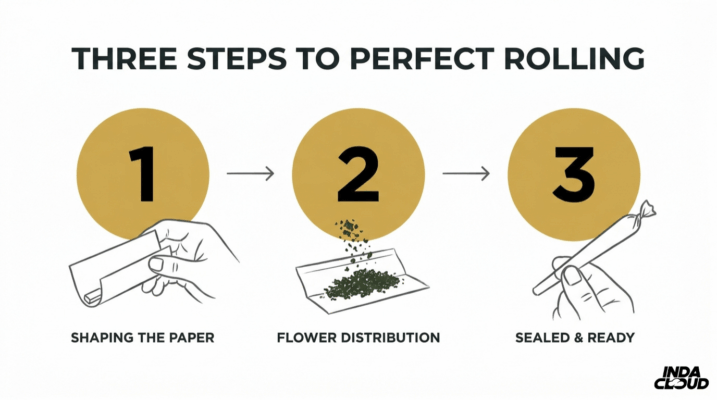 Three Steps To Perfect Joint Rolling Showing Shaping The Paper, Flower Distribution, And Sealed Ready Finished Joint