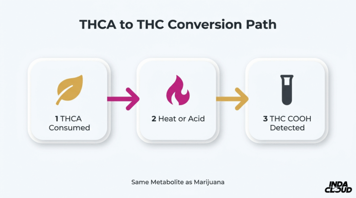 Does Thca Test Positive On Drug Tests? 5 Thca To Thc Conversion Path Showing Thca Consumed, Heat Or Acid Conversion, And Thc Cooh Metabolite Detected In Drug Testing
