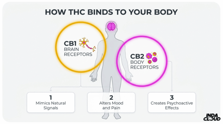What Is Thc? Complete Guide To Types, Effects, Products, Potency, Safety, And Legality 6 Diagram Showing How Thc Binds To Cb1 Brain Receptors And Cb2 Body Receptors To Create Psychoactive Effects